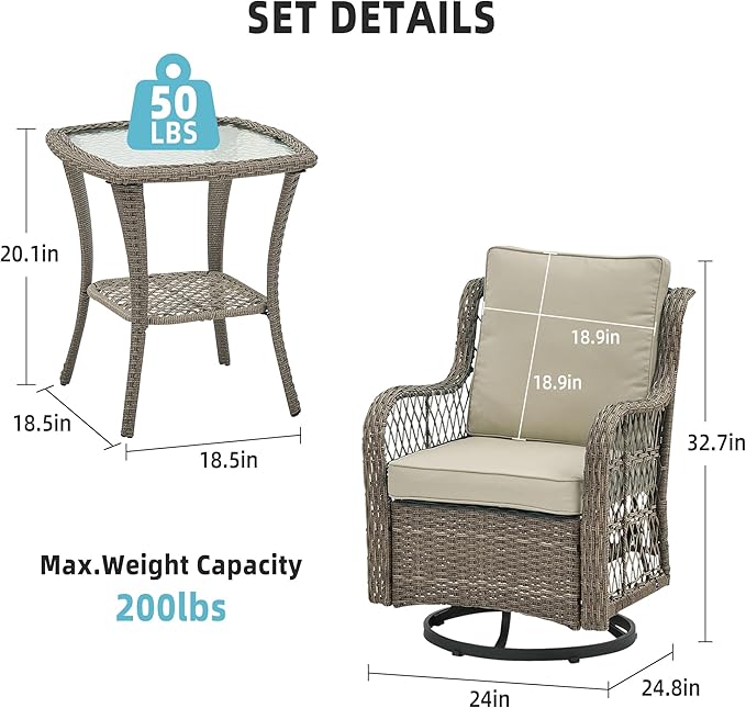 GarveeHome 3 Piece Outdoor Patio Set, Wicker Rocking Bistro Set with 2 Swivel Chairs & Tempered Glass Top Table, Rattan Outdoor Furniture with Cushions for Patio Porch Backyard