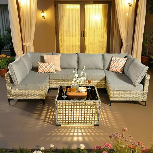 7 Pieces Patio Sectional Furniture Set, Outdoor Wicker Sectional Couch with Solar Lights Table, Modern Conversation Set for Porch Balcony Backyard, Dark Gray