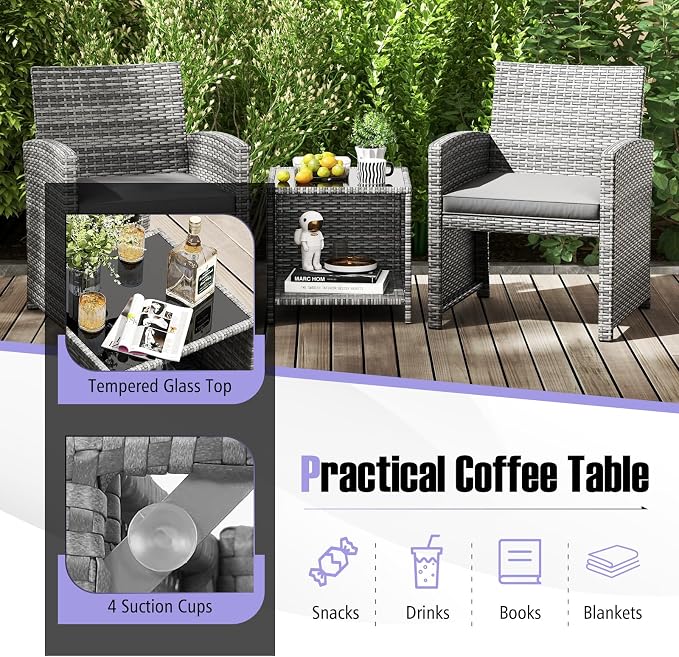 Tangkula 3 Pieces Patio Furniture Set, PE Rattan Outdoor Chairs with Tempered Glass Coffee Table & Soft Seat Cushions, Patio Bistro Set, Outdoor Conversation Set for Porch, Backyard Poolside (Grey)