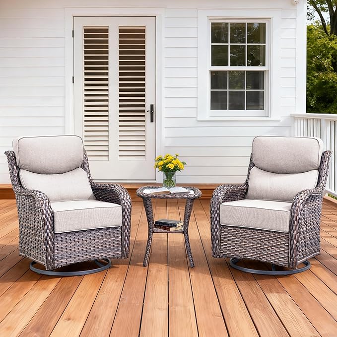 Luxury Outdoor Swivel Rocker Patio Chairs Set of 3, High Back Swivel Patio Chairs with Side Table & 6-Inch Thick Cushions, Wicker Outdoor Bistro Set for Porch, Yard, Deck, Poolside, Brown/Beige