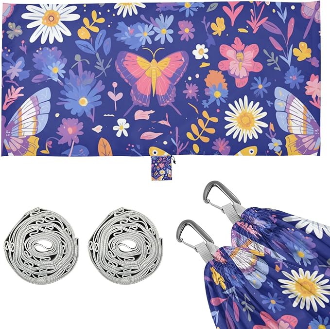 Cartoon-Style Butterflies Insects Bright Colors Leaves Flowers Childlike 330lb Capacity Camping Hammocks with Hanging Rope Hanging Hammock for Outside Patio Garden hamaca inflable para Piscina