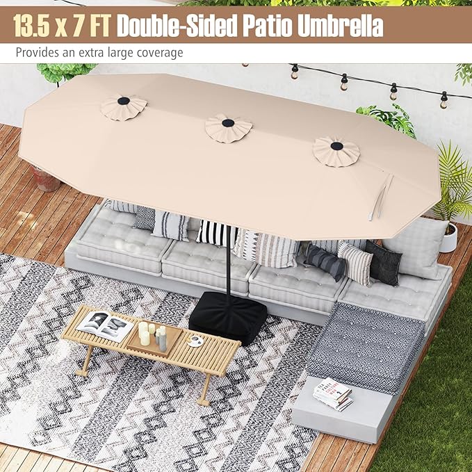 Tangkula 13FT Double-sided Patio Umbrella, Extra Large Twin Table Umbrella with Crank Handle, Umbrella Base, Safety Lock, Air Vent, Outdoor Market Umbrella for Garden Pool Backyard (Beige)