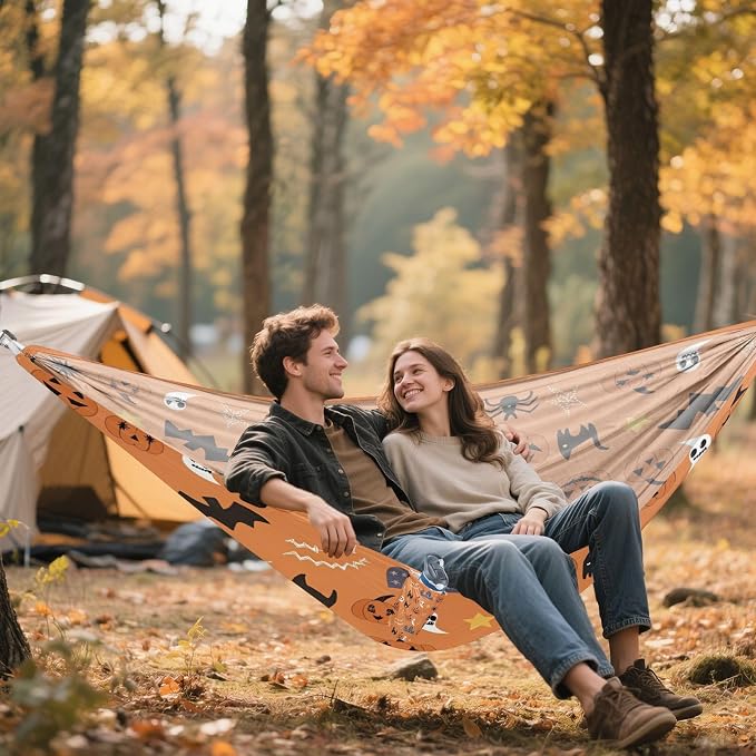 Halloween Print Pumpkin Camping Hammock, Portable Lightweight Single Hammock with Tree Straps and Aluminum Carabiners, 114" x 54" Travel Hammock for Hiking Backpacking Beach