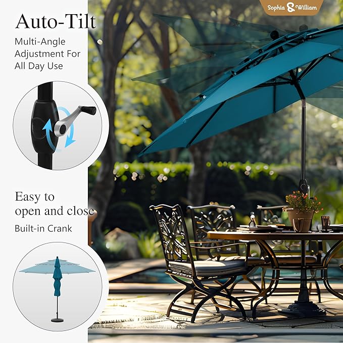 Sophia & William 10ft 3 Tier Auto-tilt Patio Umbrella,Wind Resistent,Outdoor Patio Umbrellas Double Vented Umbrella with Crank for Pool Garden Backyard, Cyan-blue