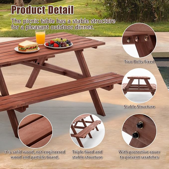 Hohuqeri Wood Picnic Table, 94.5" Tabletop with Umbrella Hole, 12 Person Outdoor Wooden Picnic Table Bench Set for Patio, BBQ, Dining, Brown