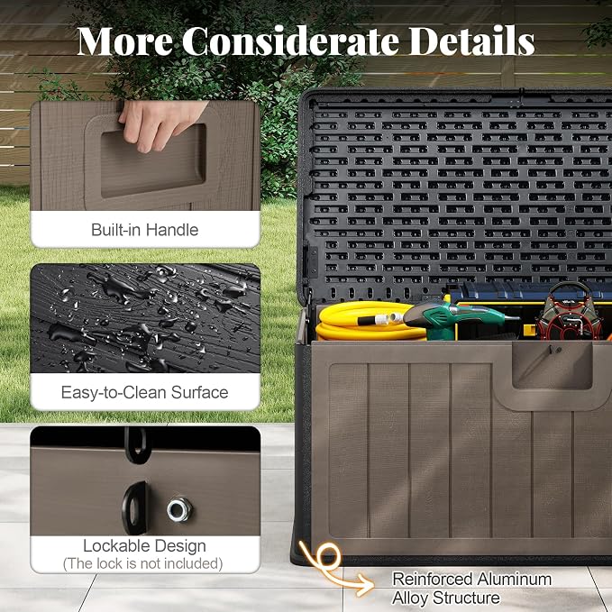 HAPPYGRILL Outdoor Storage Deck Box with Lockable Design & Gas Strut, Handle, 100 Gallon HDPE Patio Storage Organizer for Lawn Backyard Poolside (Black Brown)