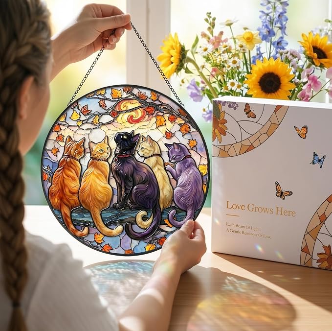 Statement Deluxe Bundle | Stained Glass Window Hanging, Five Cats 3D Embossed Diamond Glass Suncatcher, 7-Piece Cat Lover Gift Set with Crystal Pendant & Invisible Hooks