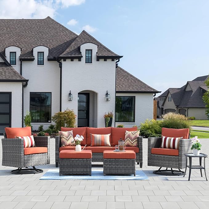 HOOOWOOO Wicker Patio Conversation Sets,6 Piece Outdoor Furniture Set with Swivel Rocking Chairs,All Weather Resistant Modern Outside Out Door Rattan Couch Chairs Side Table Set,Orange Red