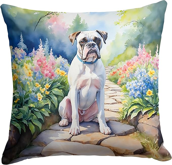 Caroline's Treasures White Boxer Spring Path Throw Pillow Machine Washable, Indoor Outdoor Decorative Pillow for Couch, Bed or Patio, 18Hx18W
