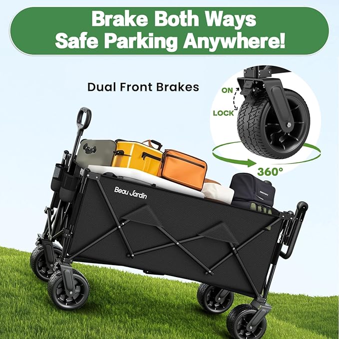 BEAU JARDIN Folding Push & Pull Beach Wagon 500 lbs Collapsible Foldable Wagons with Push Handle All Terrain Wheels Grocery Utility Camping Skiing Ice Fishing Sports Garden Wagon Cart Black