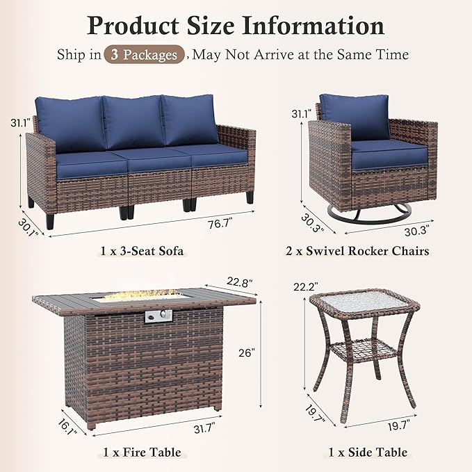 Amopatio Patio Furniture Set, 5-Piece Wicker Outdoor Sectional Sofa with Swivel Rocker Chairs, All-Weather Rattan Conversation Set with Fire Pit Table and Waterproof Cover for Backyard Brown/Navy