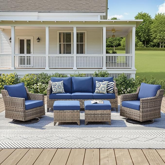 5 Pieces Wicker Patio Furniture Set-High Back Outdoor Wicker Couch Patio Chairs Set of 2 with Comfy Cushions Ottomans Patio Furniture Set for Backyard Porch Garden Deck Grey/Beige