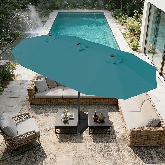 AreShark 15ft Patio Umbrella with Base, Double Sided Outdoor Umbrella with 12 Fiberglass Ribs, Large Outdoor Umbrella for Garden, Pool, Deck, Backyard & Market, Lake Blue