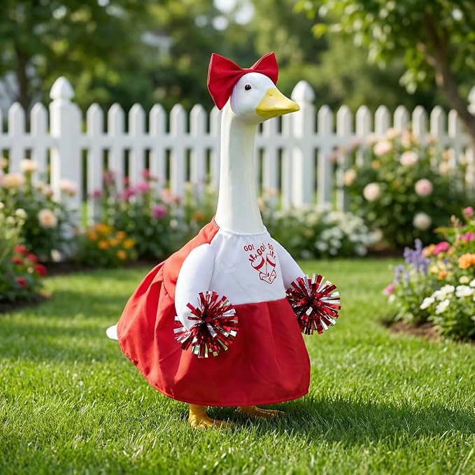 Cheerleader Porch Goose Outfits, Red Goose Outfit with Pom Poms & Bow for 23 Inch Goose Statue, Festive Goose Costume for Garden Porch Yard Lawn Patio Decor