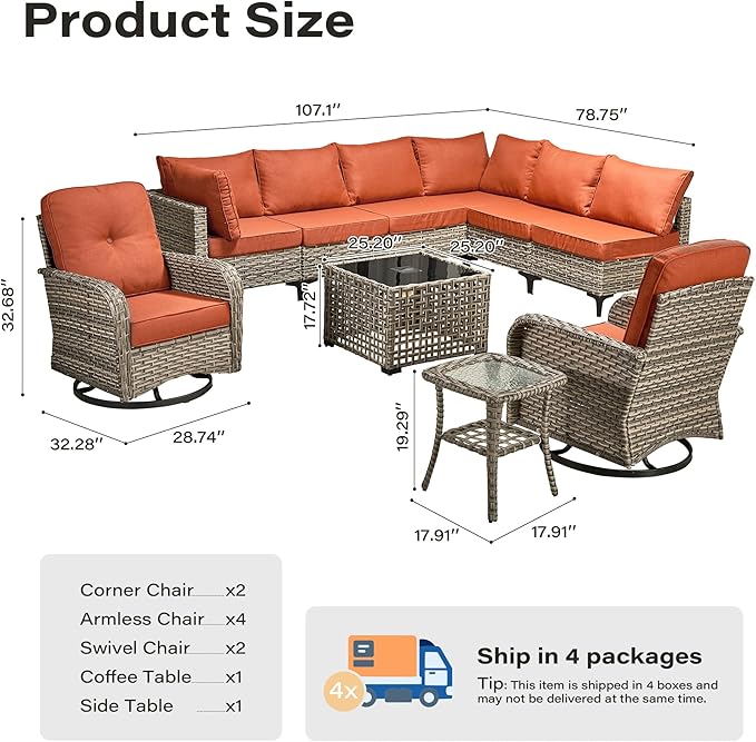 10 Pieces Outdoor Sectional Patio Furniture Set with Swivel Rocking Chairs,Wicker Conversation Sets Rattan L Shaped Couch,Modular Outdoor Sofa for Porch Balcony Backyard Orange