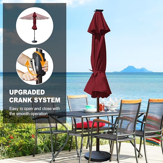Eurmax USA 10-Year-Non-Fading 10FT Outdoor Patio Market Umbrella with LED Lights,UPF50+ UV Resistant,Heavy Duty Commercial Grade,Crank Lift Design,Windproof Vented Top for Garden,Pool,Deck,Burgundy