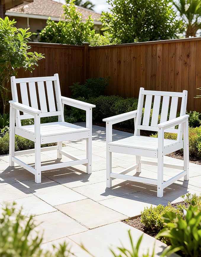 Outdoor Patio Chairs Set of 2, All-Weather Outdoor Patio Dining Chair with Backrest and Armrest, 300 lbs Support HDPE Furniture Garden Chairs for Backyard, Deck, White