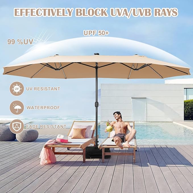 Sundale Outdoor Solar 144 LED 15 ft Patio Umbrella with Sandbag Base Included and Cover, Outdoor Double-Sided Umbrella with Lights