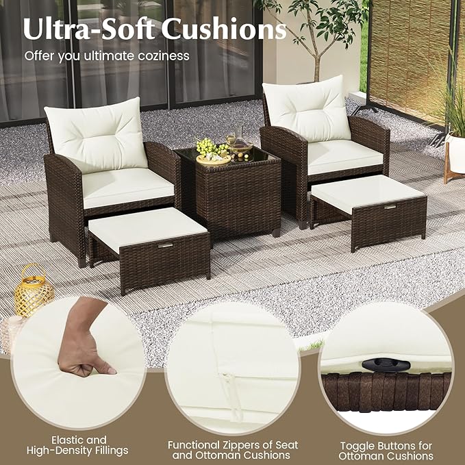 Tangkula 5 Pieces Patio Conversation Set, PE Wicker Outdoor Furniture Set with 2 Chairs, 2 Ottomans & Tempered Glass Coffee Table, Ideal for Poolside, Backyard, Lawn, Deck, Mix Brown & Off White