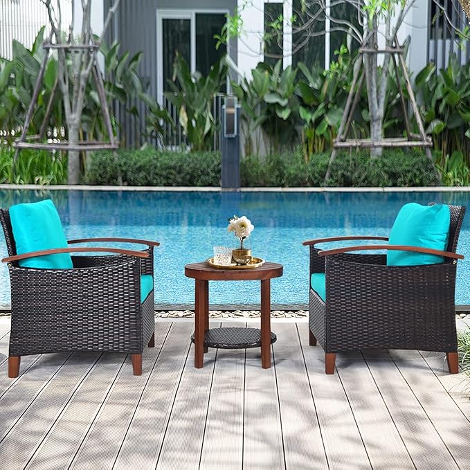 HAPPYGRILL 3-Piece Patio Conversation Set Outdoor Rattan Wicker Sofa Set with Cushion and Acacia Wood Frame Table and Chairs Set for Garden Poolside Balcony