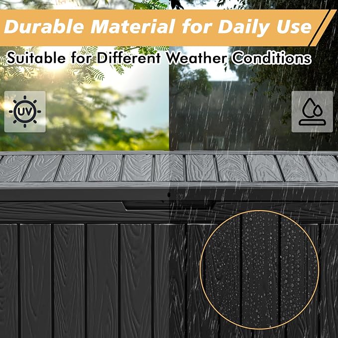 Fancyango 110 Gallon Outdoor Deck Box Waterproof, Large Storage Box for Patio, Resin Storage Bench Lockable for Garden Tools, Package Delivery, Black