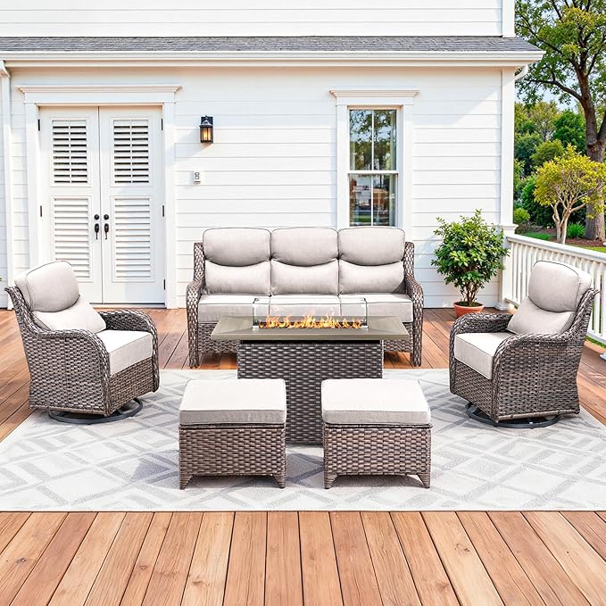 Luxury Patio Furniture Set with 42.5" Fire Pit Table, 6 Pieces High Back All Weather Wicker Outdoor Furniture w/ 6-Inch Thick Cushions, Patio Swivel Chairs Couch for Deck Balcony Backyard Brown/Beige