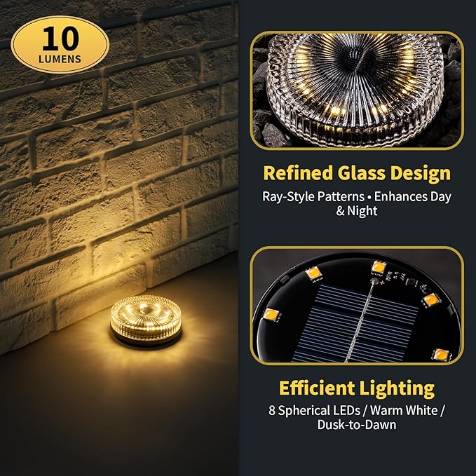Glass Solar Ground Lights with Ray Style, Modular-Design Waterproof In-Ground Light for Patio Pathway Lawn Yard Deck Walkway, Decorative Disk Lighting for Garden Bed, Warm White (2 Pack)