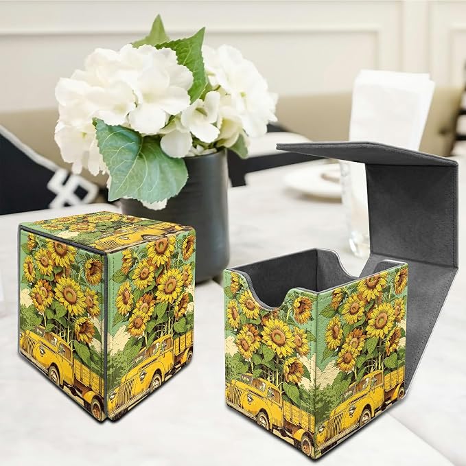 Sunflower Truck Card Deck Box for MTG, Personalized Card Storage Case Fits 120+ Sleeved Cards, Premium Leather TCG Box with Strong Magnetic Closure for Magic, CCG, PTCG, Baseball Cards