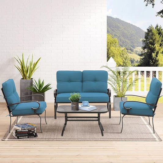 SUNCROWN 4 Pieces Outdoor Metal Furniture Patio Conversation Set Loveseat, 2 Dining Chairs and Coffee Table for Lawn Front Porch Garden, Blue Cushions