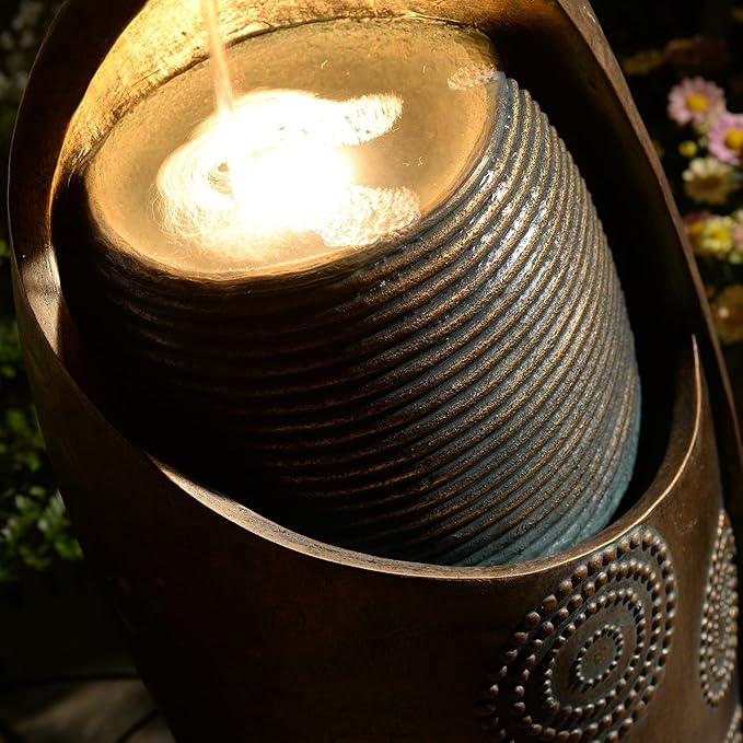 Outdoor and Indoor Water Fountain with Golden LED lights, Resin Curved Upright Zen Water Fountains for yard, Patio or living Room, Electric Pump and Extended Power Cord Included, Gold, 31.7''H