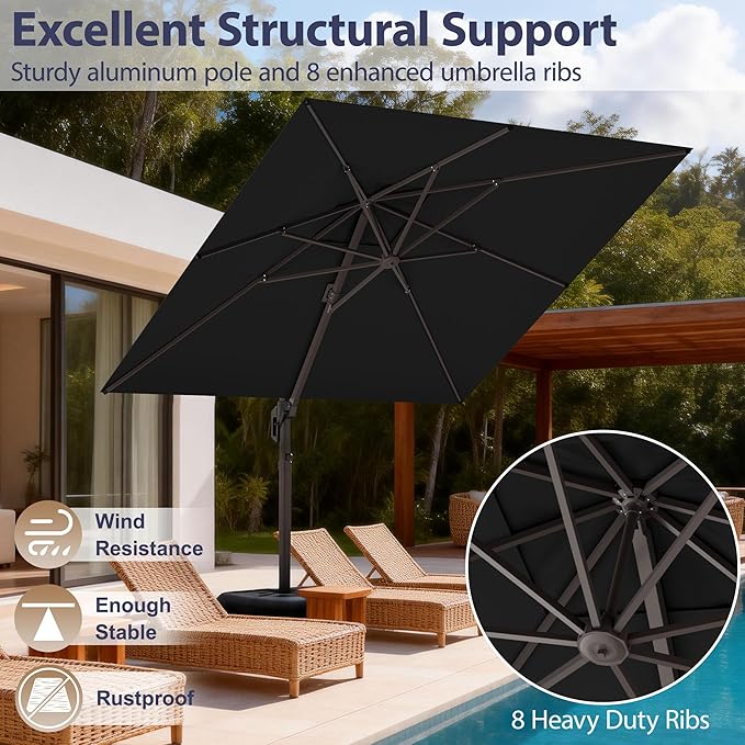 10' X 10' Patio Umbrella Cantilever Outdoor Rectangle Umbrella with Base Included, Heavy Duty 360°Rotation Offset Umbrella for Garden Deck Pool Patio, Black