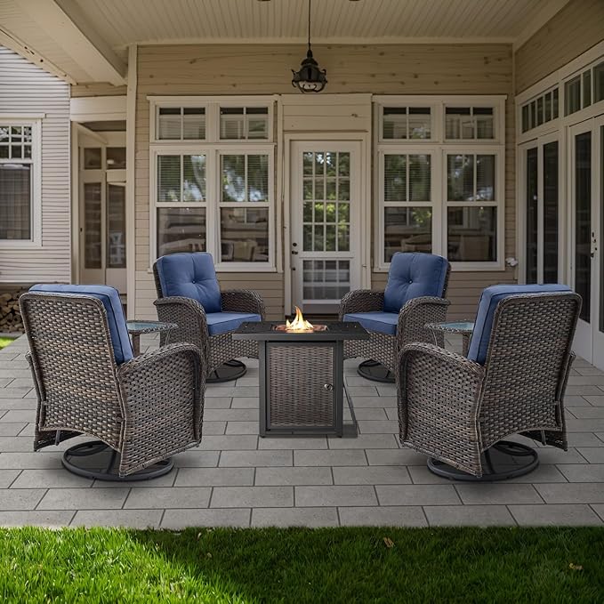 Belord 7 Piece Wicker Patio Furniture Set with 30" Fire Pit Table - Outdoor Swivel Rocker Chairs Set of 4 with 2 Glass Side Tables, Patio Conversation Set for Casual Gathering Brown/Blue