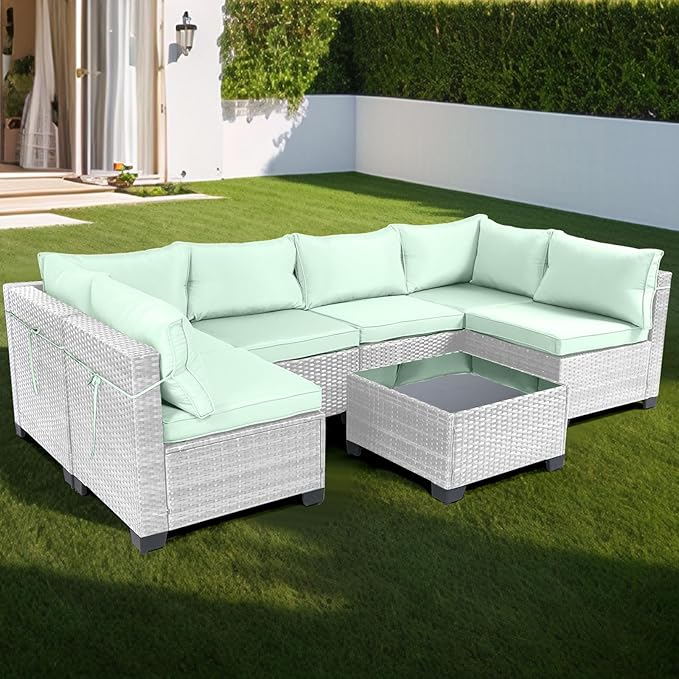 CHABATREE 7 Pieces Outdoor Patio Furniture Sets,Rattan Conversation Sectional Set,Manual Weaving Wicker Patio Sofa with Tea Table