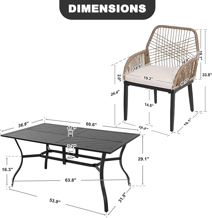 NUU GARDEN 7-Piece Patio Table and Chairs with Cushions, Outdoor Dining Set for 6, Rectangular Metal Table and Rattan Chairs with Umbrella Hole for Lawn Garden Backyard Deck, Brown