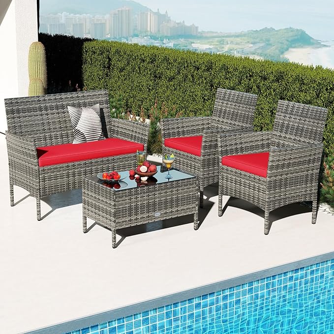 Tangkula 4 Pieces Patio Rattan Conversation Set, Outdoor Wicker Furniture Set with Cushioned Chair, Loveseat & Tempered Glass Table, Outside Sectional Sofa Set for Backyard (G-red,1)