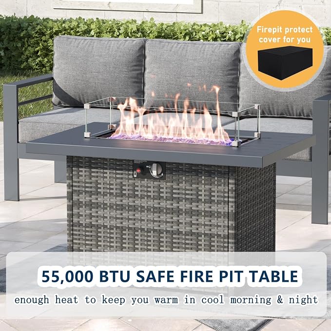 7 Pieces Aluminum Outdoor Patio Furniture Set with Fire Pit Table, Modern Metal Conversation Sofa Set with Deep Seating