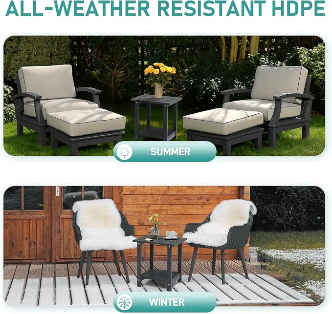 HDPE Adirondack Weather Resistant Square Side Table for Patio, Backyard, Pool, Indoor, Beach Use, Easy Maintenance (Square, Grey 1)