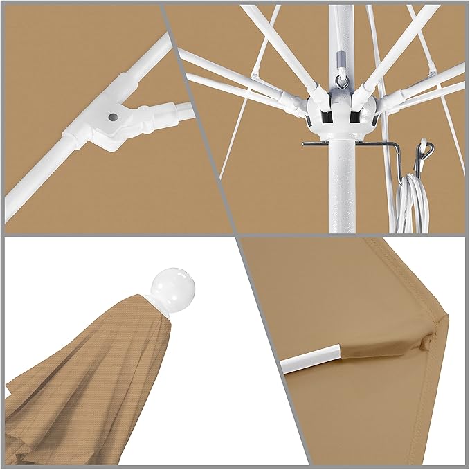 California Umbrella 9' Round Aluminum/Fiberglass Umbrella, Push Open, White Pole, Olefin Champagne Fabric