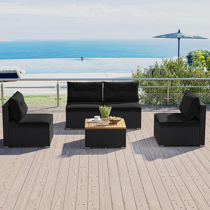HAPPYGRILL 5 Pieces Patio Rattan Sofa Set, Outdoor Furniture Set with Seat & Back Cushions, Square Coffee Table with Acacia Wood Tabletop, Wicker Patio Conversation Set, Black