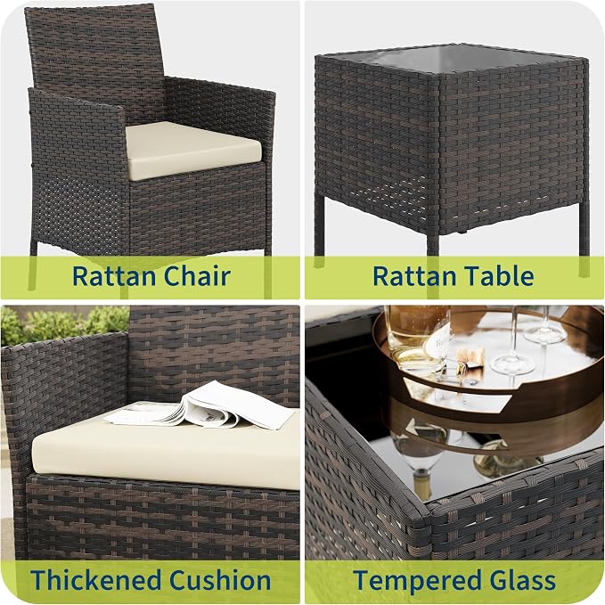 3-Piece Outdoor Patio Conversation Set – PE Rattan Wicker, Water-Resistant Cushions, Tempered Glass Table – All-Weather Garden Furniture – Brown Four-Strand Vine/Creamy-White Cushion