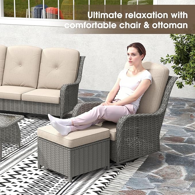 kinbor Outdoor Sectional Furniture - Outdoor Patio Conversation Sets, 7 Pieces Outdoor Sectional Sofas with Swivel Rocking Chair, Brown Wicker Rattan Patio Furniture Set, Khaki