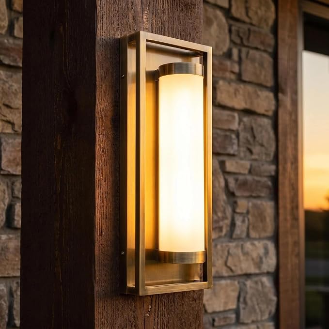 Hyunbae Mid Century Modern Outdoor Wall Sconce, Brushed Antique Brass | 15W Integrated Dimmable LED, 3000K Warm White, For House Patio Porch Garage Entryway Doorway, 16" Exterior Light