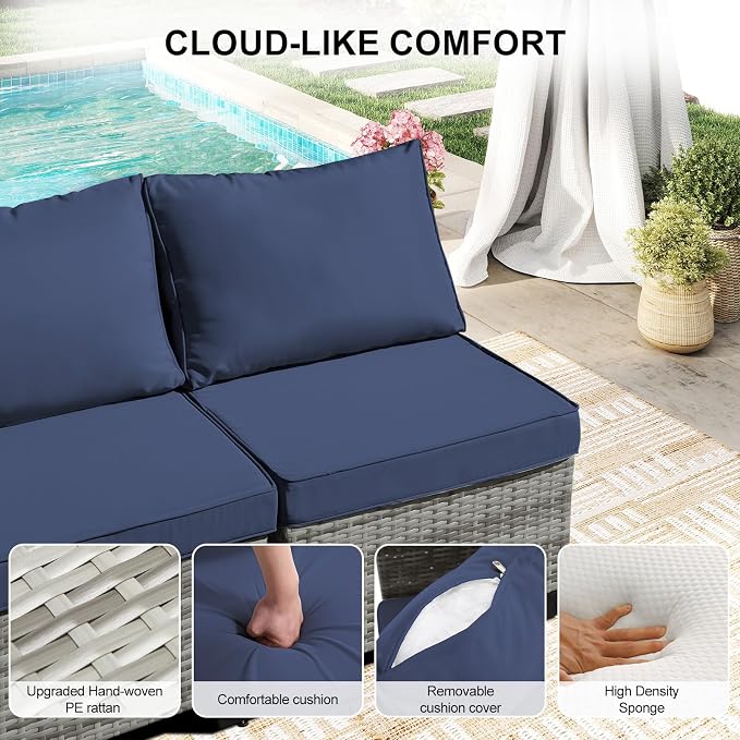 CANMOV 7 Pieces Patio Furniture Sets, All Weather Outdoor Patio Conversation Set, PE Wicker Rattan Sectional Sofa Couch Glass Coffee Table Washable Cushions for Backyard Garden,Poolside, Navy Blue
