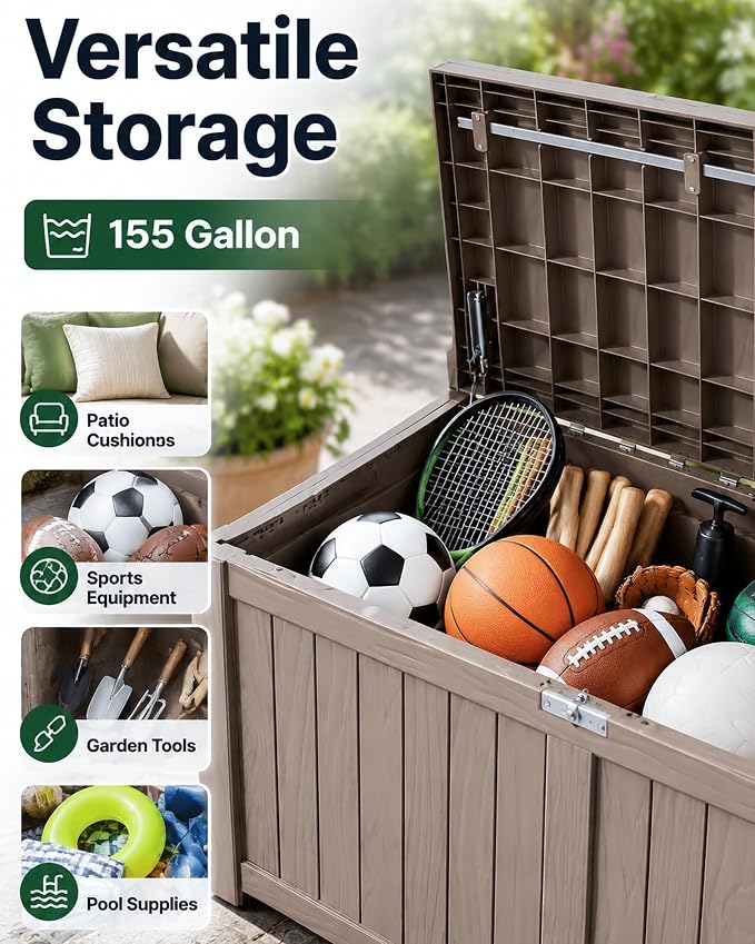 MAKINO 155 Gallon Waterproof Outdoor Storage Box, Large Lockable Deck Box, Indoor Outdoor Resin Storage Bench with Hydraulic Rod for Patio/Cushions/Garden Tools/Backyard/Pool Accessories, Grey Brown