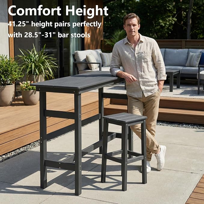 3 Piece Outdoor Bar Height Table and Chairs Set, HDPE Outdoor High Top Table and Chairs with Aluminum Reinforced Tabletop, All Weather Bar Height Patio Set for Deck/Balcony/Backyard, Grey