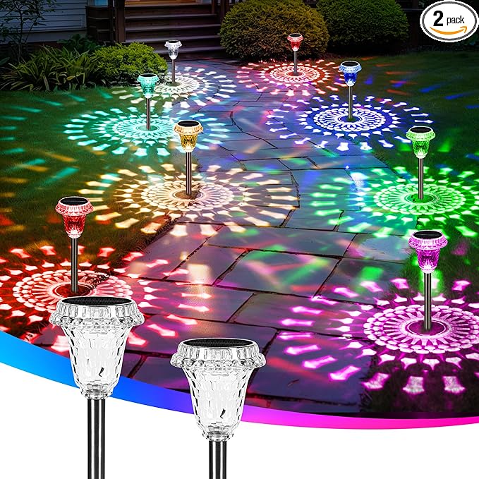 Solar Lights Outdoor Pathway Waterproof, Multicolor Decorative Garden Lights for Walkway Driveway Yard Lawn, Acrylic Solar Powered Landscape Path Lights, 10 Modes (3 White&7 Diverse Colors), 2 Pack