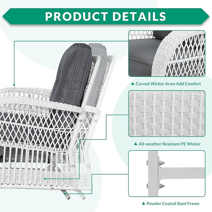 VIVIJASON 2-Piece Outdoor White Wicker Glider Rocking Chair, Patio Rattan Swing Glider Chairs with Cushions & Steel Frame, All-Weather Gliding Lawn Wicker Furniture for Garden Backyard Porch, Grey