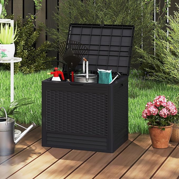 Tangkula 25 Gallon Outdoor Storage Box, Waterproof PP Resin Patio Storage Box with with Lockable Lid for Indoor & Outdoor Use, 2-in-1 Rattan Design Deck Box for Patio Cushions, Garden Tools