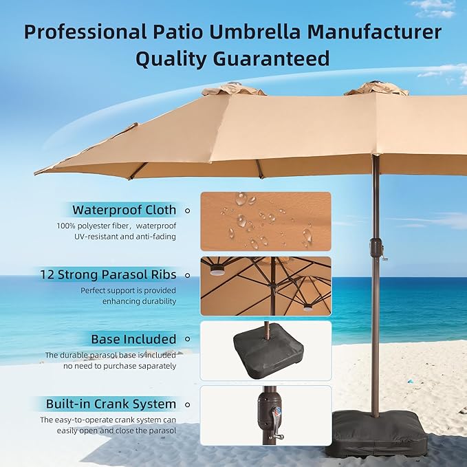 15Ft Patio Umbrella - Large Beach Umbrella W 12 Sturdy Ribs,UPF50 Outdoor Table Umbrella,Picnic Market Umbrella W Base Crank Handle for Pool,Yard,Garden