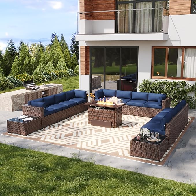 LazySunsets 15 Piece Outdoor Patio Furniture Set with 44'' Fire Pit Table, Outdoor Patio Furniture Set with Waterproof Cover, Wicker Rattan Outdoor Conversation Set for Backyard & Garden, Blue